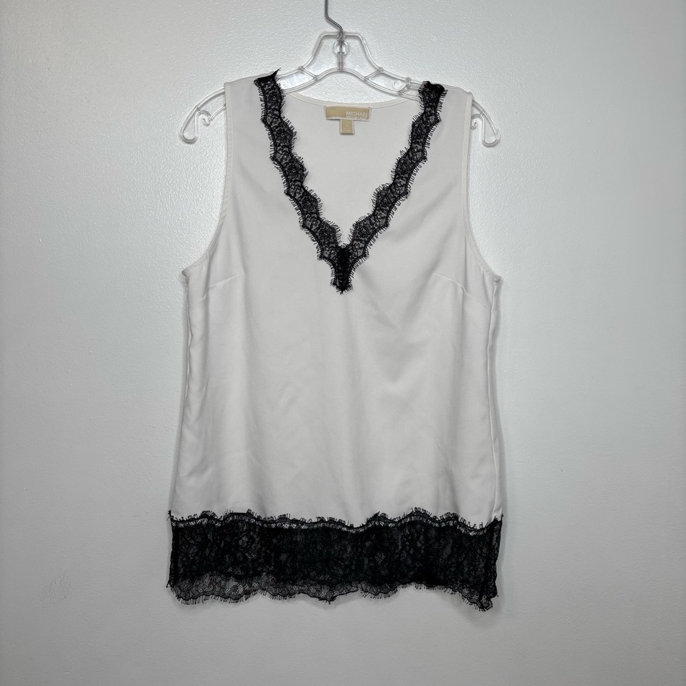 MICHAEL Michael Kors White Sleeveless Lace-Trim V-Neck Top with Black Lace